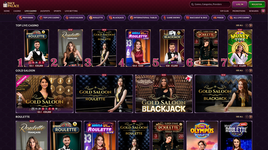 DicePalace Casino Live Dealer Page