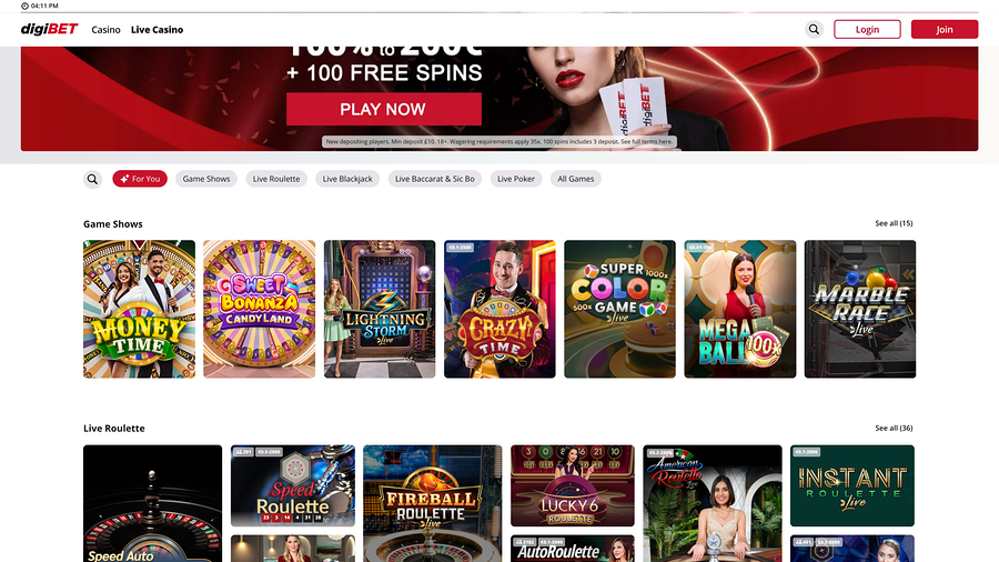 Digibet Casino Live Dealer Desktop