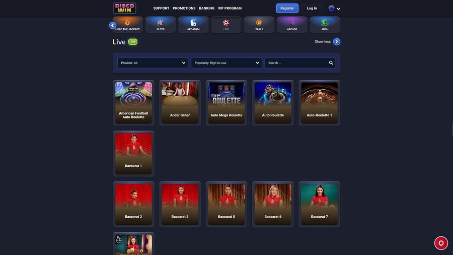 Página de crupier en vivo de Disco Win Casino