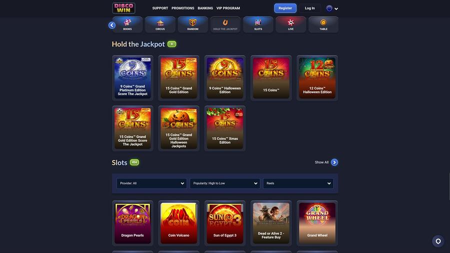 Página del premio mayor del Casino Disco Win