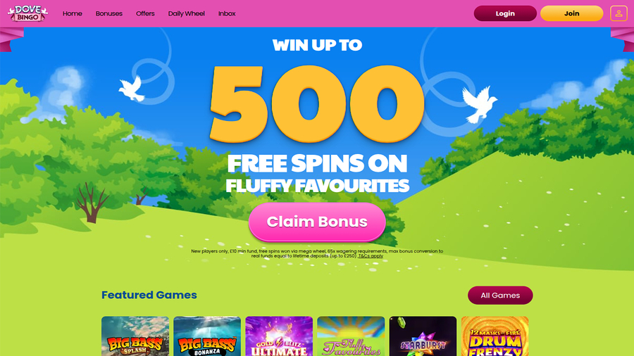 Dove Bingo Casino Homepage Desktop