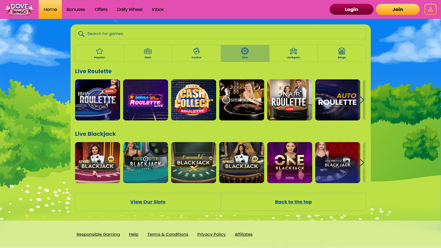Dove Bingo Casino Live Dealer Desktop