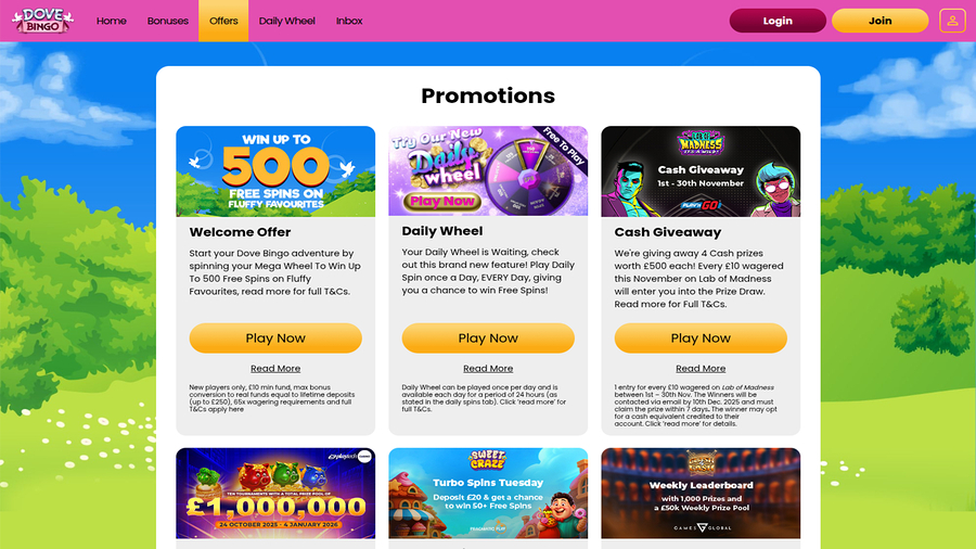Dove Bingo Casino Promotions Desktop