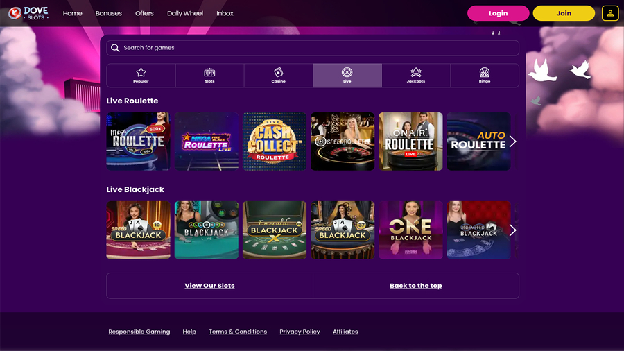 Dove Slots Casino Live Dealer Desktop