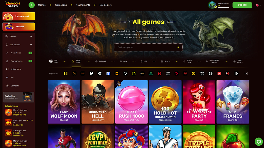 Página de inicio de escritorio del casino DragonSlots