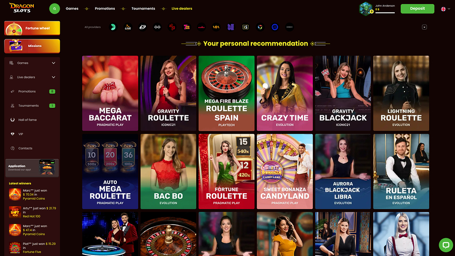 Casino DragonSlots con crupier en vivo para escritorio