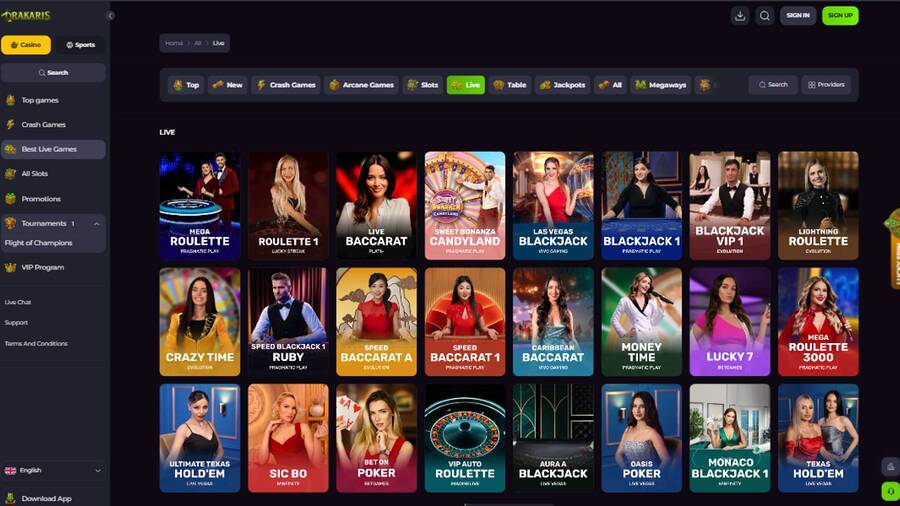 Live games page screenshot of Drakaris Casino