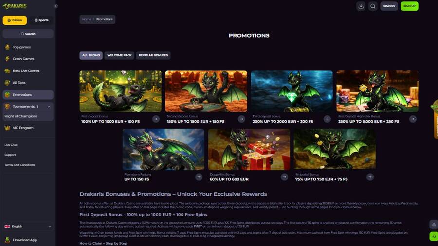Promotions page screenshot of Drakaris Casino