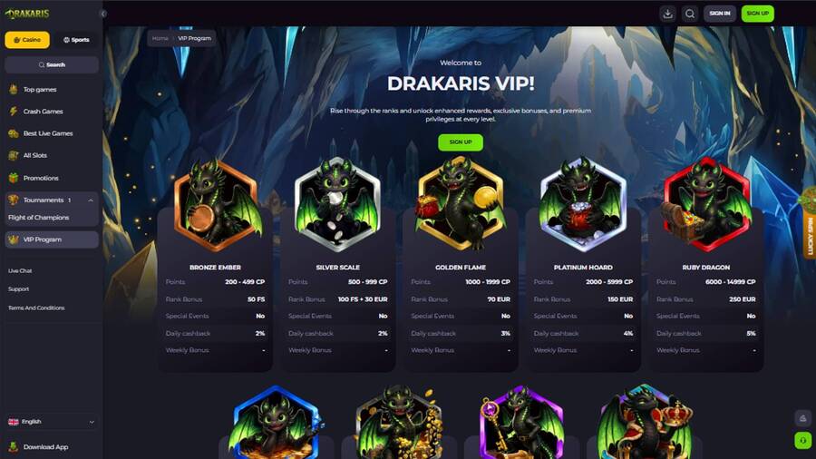 VIP page screenshot of Drakaris Casino