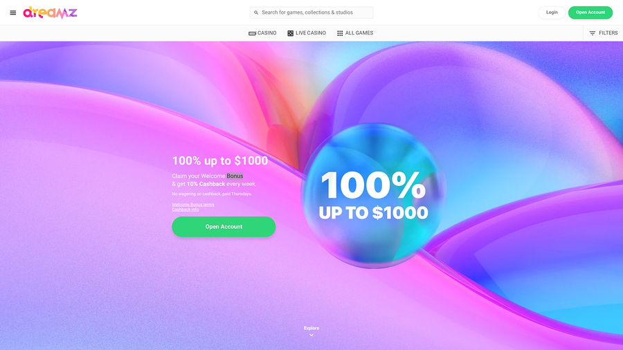 Dreamz Casino Homepage Desktop