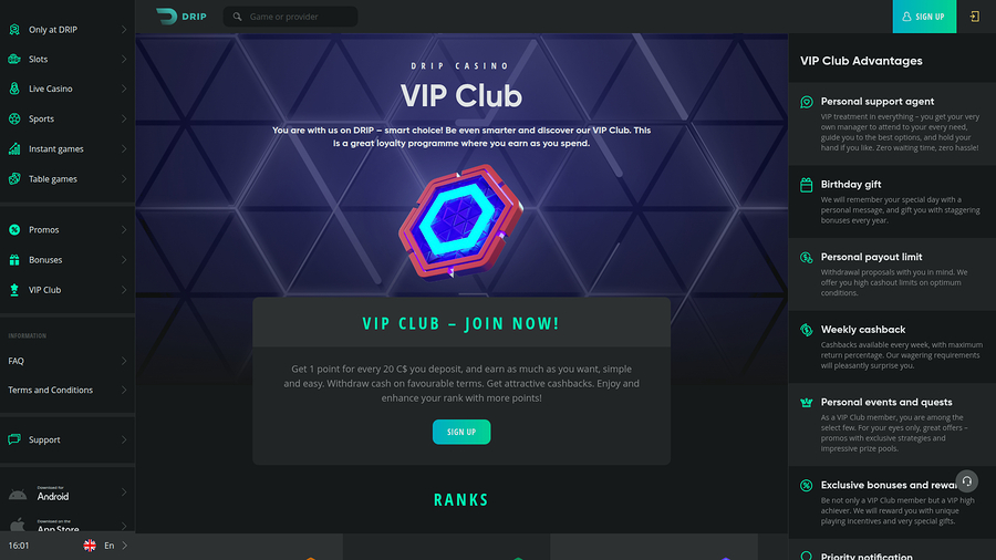 Drip Casino Desktop VIP Program