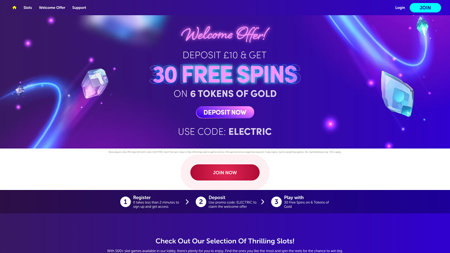 Electric Spins Casino Homepage Desktop