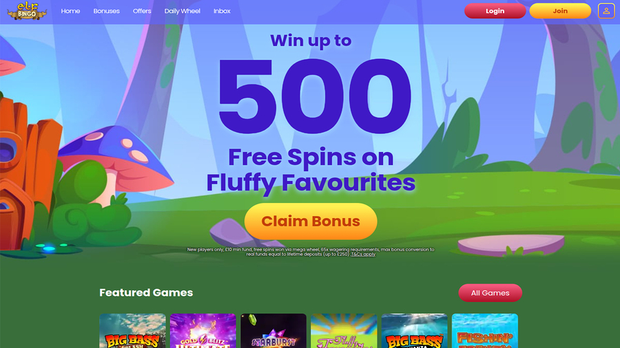 Elf Bingo Casino Homepage Desktop