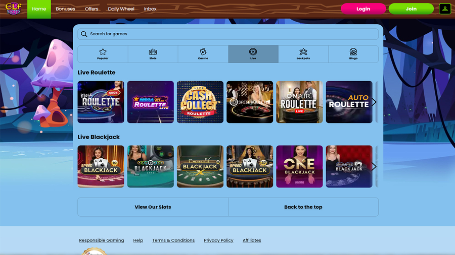 Elf Slots Casino Live Dealer Desktop