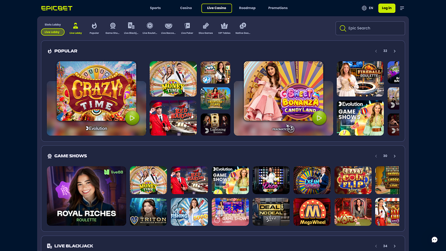 EpicBet Casino Live Dealer Desktop