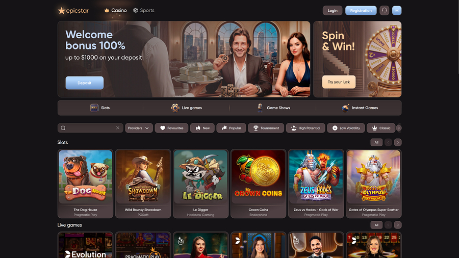 Página de inicio de Epicstar Casino para escritorio
