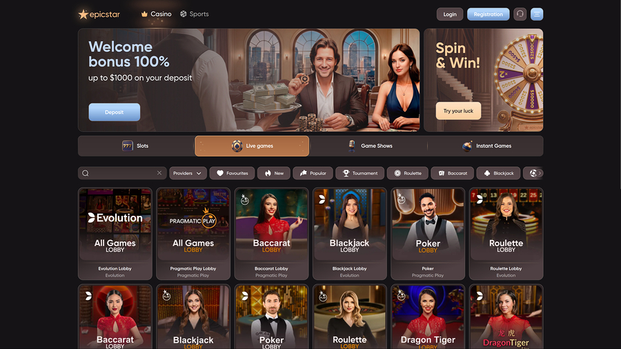 Casino Epicstar para escritorio con crupier en vivo