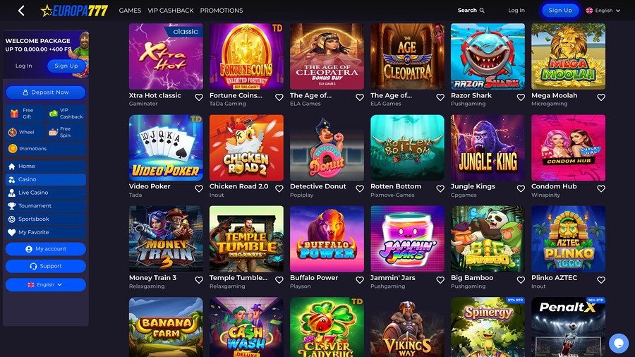 Captura de pantalla de la página de juegos del casino Europa777