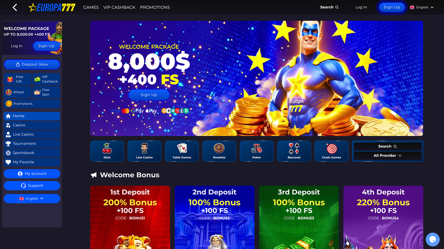Captura de pantalla de la página principal del casino Europa777