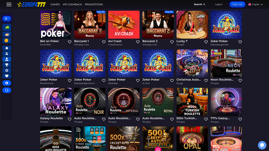 Captura de pantalla de la página de juegos en vivo del casino Europa777.
