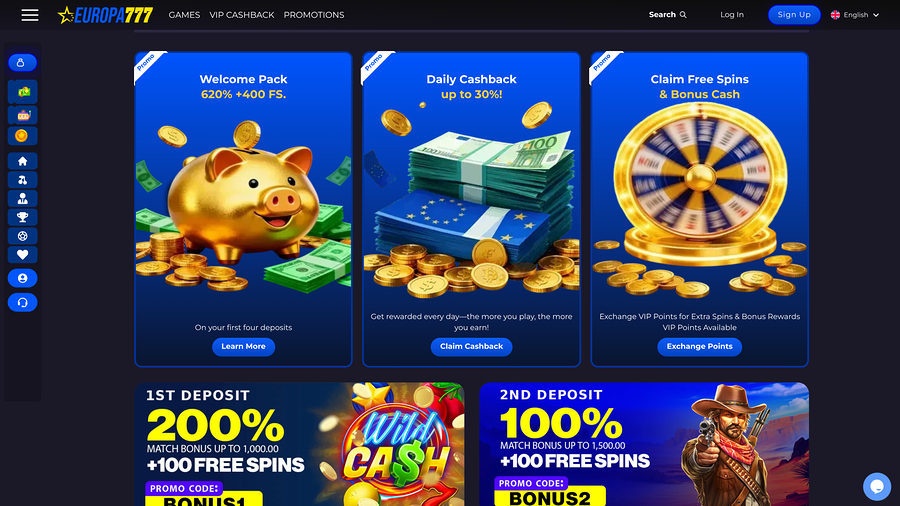 Captura de pantalla de la página de promociones del casino Europa777