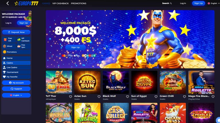 Games page screenshot of Europa777 Casino