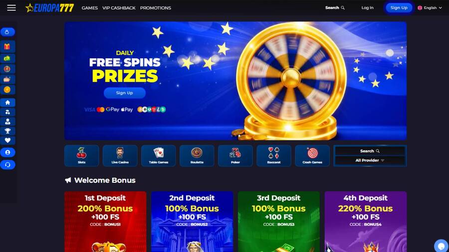 Homepage screenshot of Europa777 Casino