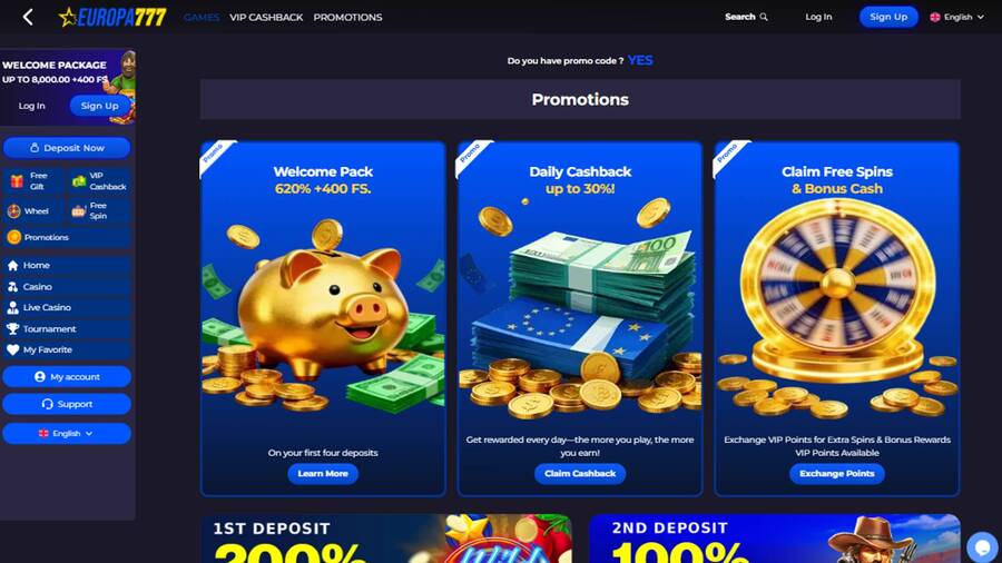 Promotions page screenshot of Europa777 Casino