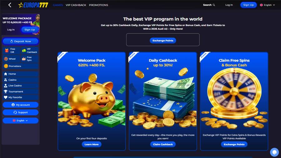 VIP page screenshot of Europa777 Casino