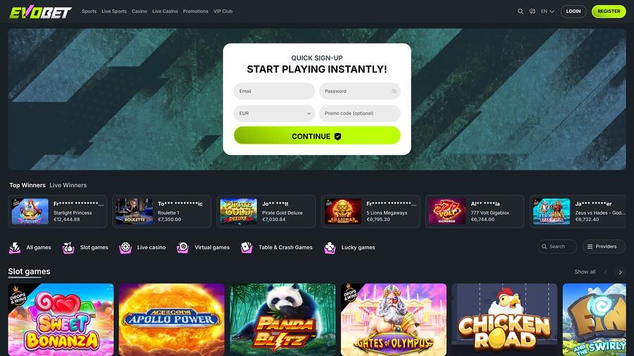 Evobet Casino Homepage Desktop