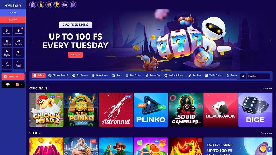 EvoSpin Casino Homepage Desktop