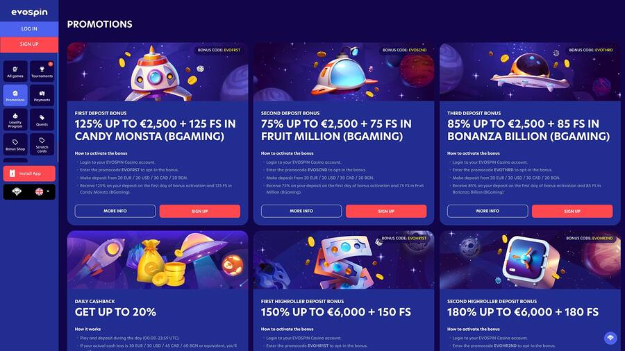 EvoSpin Casino Promotions Desktop