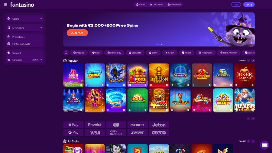 Página de inicio de escritorio del Casino Fantasino