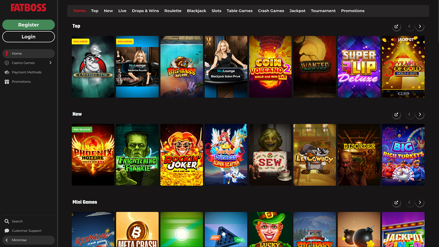 FatBoss Casino Desktop Homepage