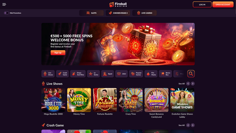 Fireball Casino Desktop Homepage