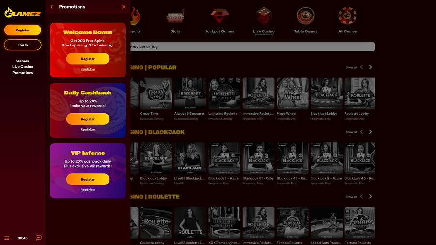 Flamez Casino Desktop Promotions