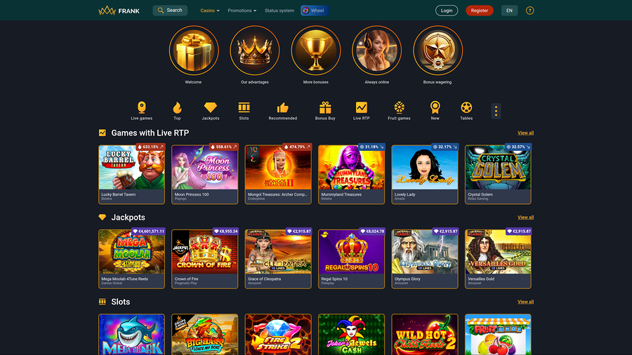 Frank Casinos hemsida för datorer