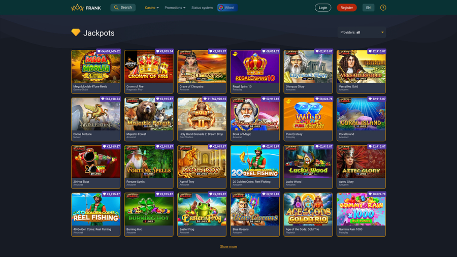 Frank Casinos jackpott på datorn