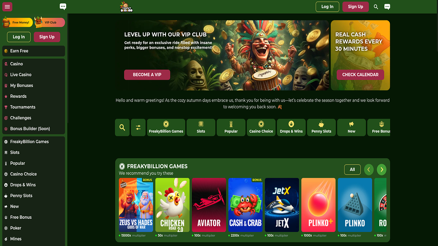 Homepage screenshot of FreakyBillion Casino for Desktop