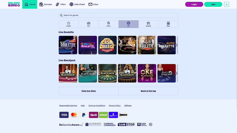 Free Spirit Bingo Desktop Live Dealer