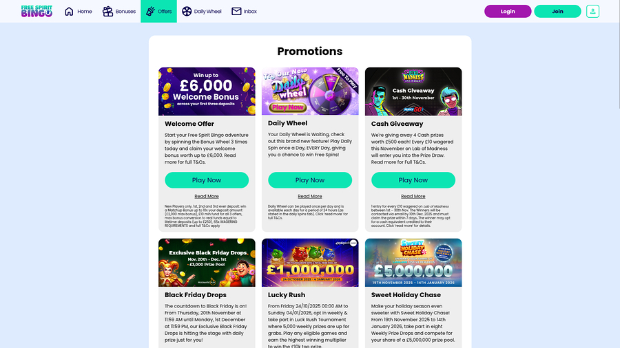 Free Spirit Bingo Desktop Promotions