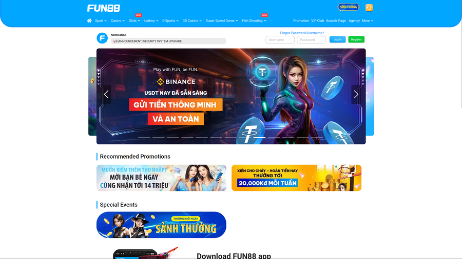Fun88 Casino Desktop Homepage