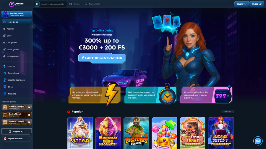FunzyBets Casino Desktop Homepage