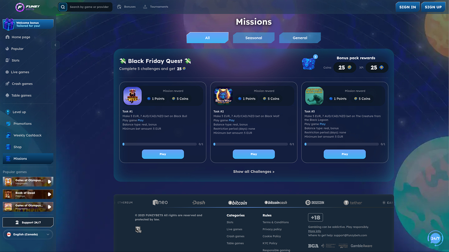 FunzyBets Casino Desktop Missions
