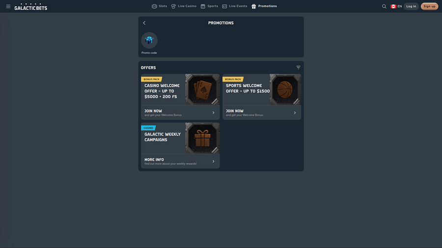Galactic Bets Casino Desktop Promotions