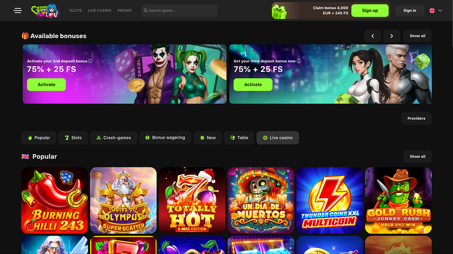 Página de inicio de Game Spot Casino para escritorio