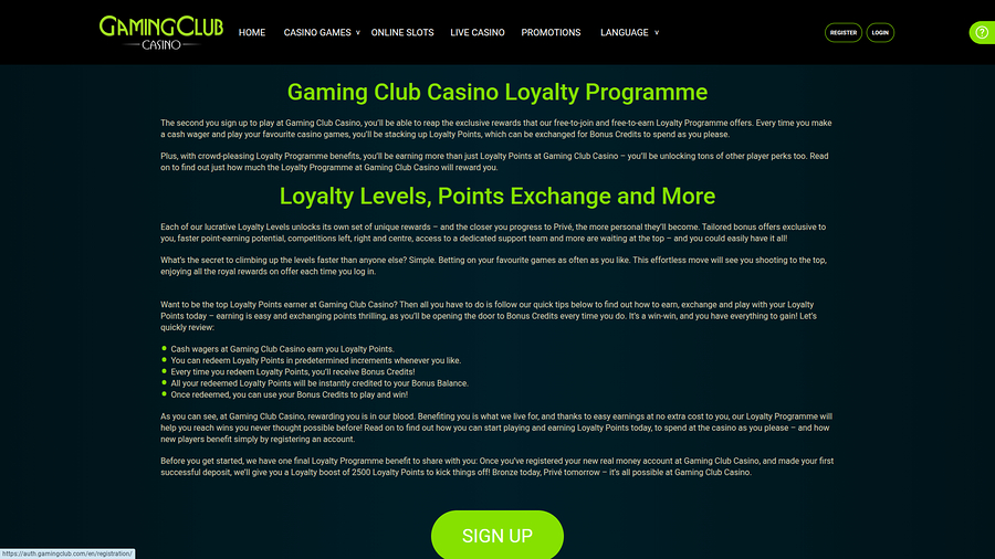 Gaming Club Casino Desktop VIP Program