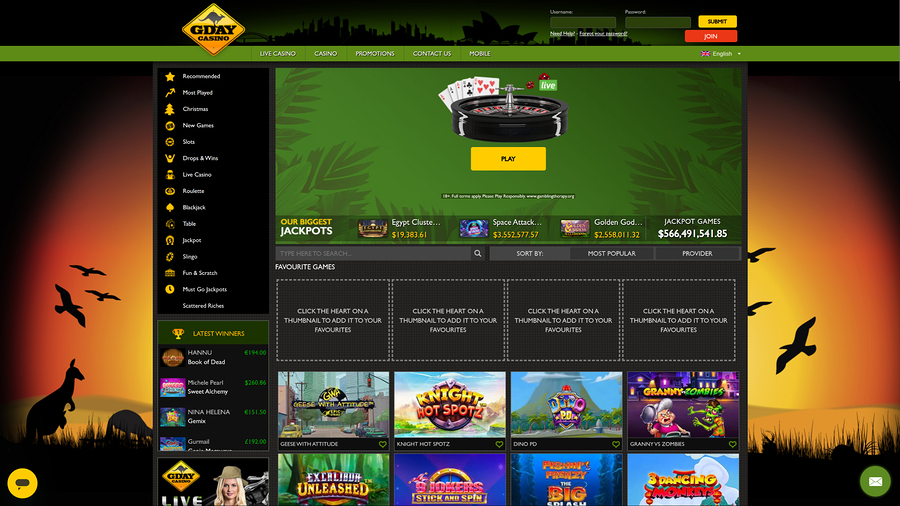Gday Casino Desktop Homepage
