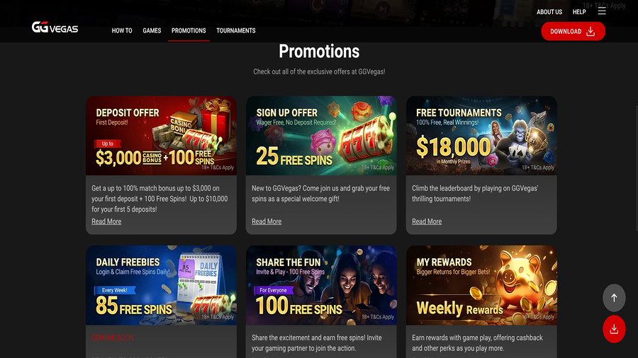 Promotions screenshot of GGVegas Casino for Desktop