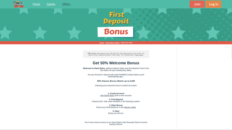 Giant Spins Casino Desktop Promotions